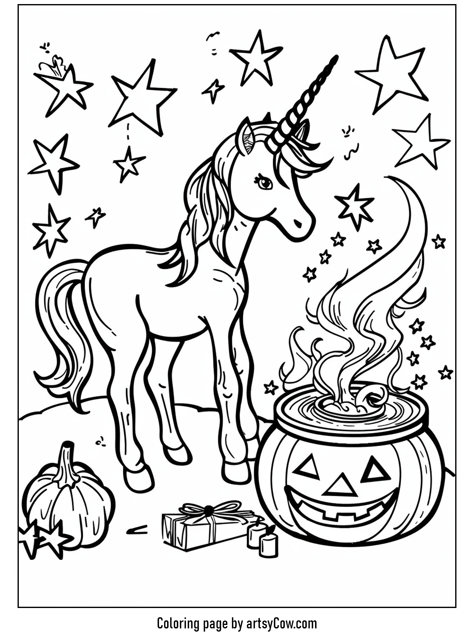halloween coloring pages with unicorn featuring a cheerful unicorn standing beside a smiling Jack-o'-lantern with lively, curling smoke rising from it, accompanied by falling stars and a smaller pumpkin.